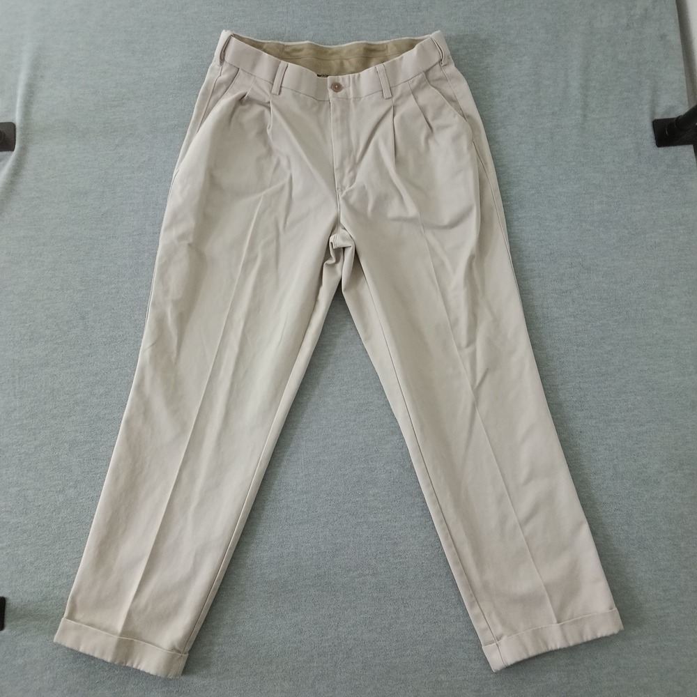 Cabelas Mens Pleated Chino Pants Khaki Tan Cotton Cuffed Trousers 34x30